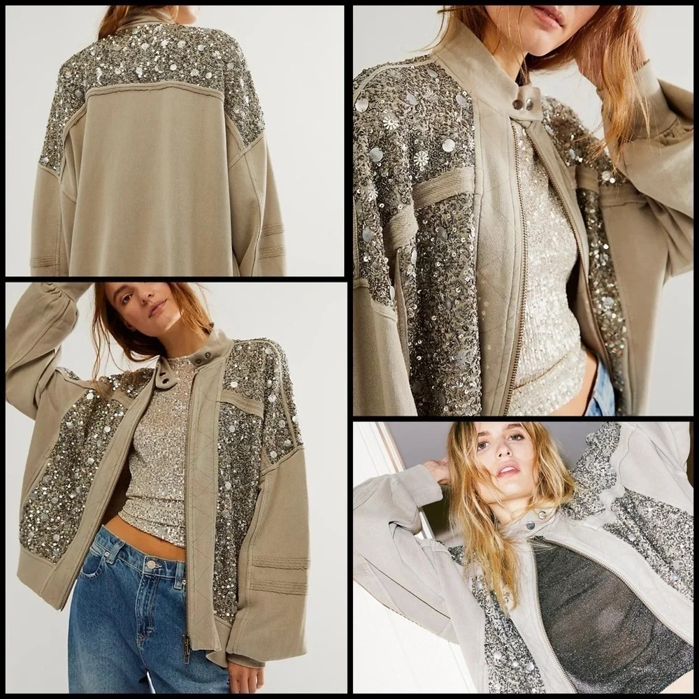 Free People Sparkle Sweatshirt/Jacket Sequin Frost Bitten Zip Up Glam Retro M